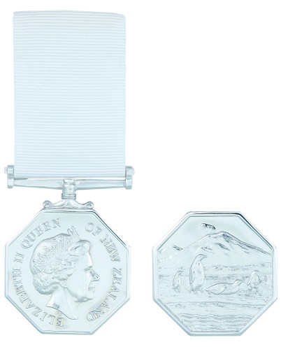 Composite of obverse and reverse of the New Zealand Antarctic Medal Composite of obverse and reverse of the New Zealand Antarctic Medal on ribbon